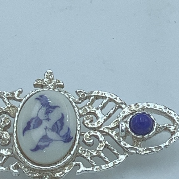 Silver-Tone Filigree Brooch with Blue/White Bird Design - Picture 3 of 9